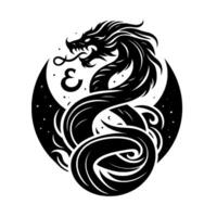 Intricate black dragon, stylized in a crescent moon and swirling form, with E glyph, amidst a starfield. vector