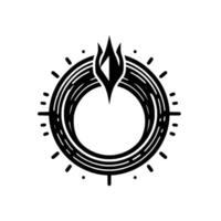 Geometric black and white symbol featuring a central flamelike element above a concentric ring, encircled by radiating lines. vector