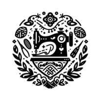 A circular emblem of a vintage sewing machine, surrounded by stylized tools and botanical motifs, crafted in a monochromatic . vector