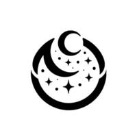 Minimalist black and white circular depicting crescent moon, stars, and a surrounding celestial frame on a white backdrop. vector
