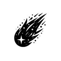 Black and white minimalist of a shooting star with star cluster, dots, and sharp trails against a stark white background. vector