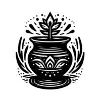 Black and white stylized illustration of a potted plant with ornate patterns, surrounded by stylized foliage and decorative elements. vector