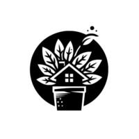 Symbolic illustration of a houseshaped plant in a pot, surrounded by leaves and a circular background, suggestive of nature, growth, and home. vector