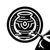Artistic Illustration of a Pottery Vase Inside a Dotted Circle with Brush and Pottery Elements, Monochromatic vector
