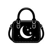 Black handbag with white crescent moon and star illustrations, featuring handles and a shoulder strap, against a stark white background. vector