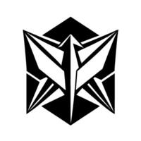 Abstract Geometric Angular white and gray origamiinspired form within a black hexagon, contrasting white background. vector