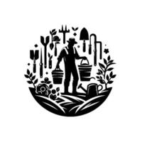 Stylized Silhouette of a Gardener with Tools and Vegetation in a Circular Composition, Depicting a Days Work. vector