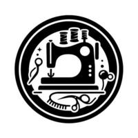 Elegant Black White Circular of Sewing Machine, Thread Spools, Scissors, and Other Crafting Tools, Representing Tailoring and . vector