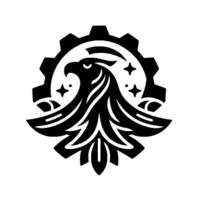 Bold Black and White Featuring an Eagle Crest, Gear Outline, and Star Embellishments, Emblematic and Modern. vector
