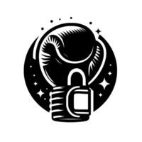 Stylized Black and White Boxing Glove Shielded by a Padlock Within a Circular , Embellished with Stars. vector