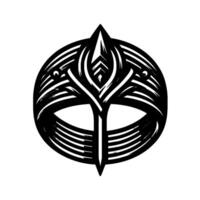 Intricate black and white geometric emblem with layered circular bands and stylized central element, reminiscent of a crest or heraldic . vector