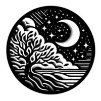 A stylized, circular illustration depicts a tree with reaching roots and leafy branches, set against a sky of clouds, stars, meteors, and a crescent moon. vector
