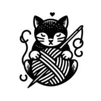 A stylized black cat, knitting with a ball of yarn, using a needle, with a heart above, in a minimalist, grayscale cartoon style. vector