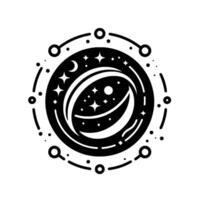 A minimalist black and white illustration of an elliptical space, with stars, a crescent moon, and a surrounding orbital , evoking cosmic mystery. vector