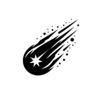 Black and white stylized shooting star illustration with a central star and trailing debris, set against a white background. vector