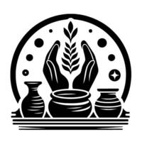 Minimalist Black and White Illustration Featuring Hands Cradling Grain, Pottery, and Circular Elements of Nature and Unity vector