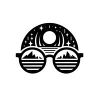 Night Sky Scene Through Eyeglasses Mountains Reflected with Moon Stars in a Modern, Simplified Black White . vector