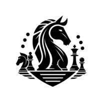 Stylized Black and White Chess Composition featuring a Knight, King, and Pawn arranged symmetrically with a bold . vector