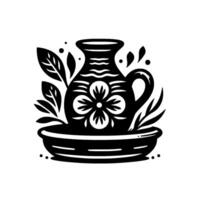Elegant Black and White Floral Ceramic Pitcher with a Flower Motif on a Tray, Adorned with Leaves and Decorative Elements. vector