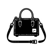 Minimalist Black White Illustration of a Leather Satchel Handbag with Adjustable Shoulder Strap and Handle. vector