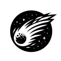 Bold Black and White Illustration Comet Soaring Through a Starry Night Sky Within a Circular Frame, Emblemlike . vector