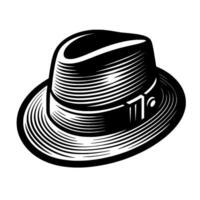 Intricate black and white illustration of a fedora hat with detailed line work, showcasing classic style against a stark white backdrop. vector