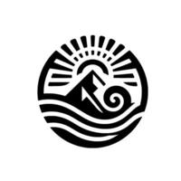Black and white circular featuring a mountain range beneath a rising sun with stylized waves and organic shapes. vector