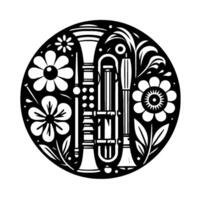 Black and White Circular Illustration of Musical Instruments and Floral Elements, a whimsical and decorative . vector