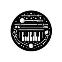 Monochrome illustration of various musical instruments and notation arranged in a circle on a black background. vector