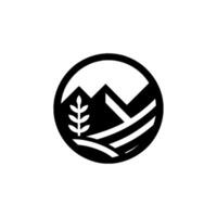 A Minimalist Black and White Depicting a Wheat Plant, Mountains, and Fields Within a Circle, Representing Agriculture. vector