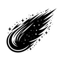 Dynamic black and white comet illustration with a curving tail, starry accents, and a modern, aesthetic. vector