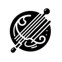 Stylized Black White Illustration of a Stringed Instrument with a Bow on a Circle. vector