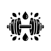 Bold black and white illustration of a weightlifting dumbbell surrounded by sweat drops and leaf shapes, a symbol of fitness and strength. vector