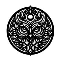Intricate black and white mandalastyle owl, symmetrical within a circle, featuring geometric patterns, and a celestial aesthetic. vector