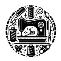 Intricate Black and White Circular Illustration of Sewing Tools and Machine, Symbolizing Crafting and . vector