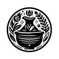 Circular Minimalist Black White Pottery with Foliage and Floral Elements, Artistic Decorative Motif. vector