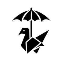 A Black Origami Bird Protected by an Umbrella, minimalist black and white , concept of security, safety and care, symbol. vector