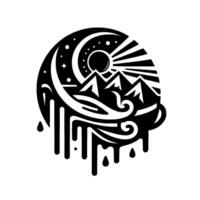 Stylized Black and White Mountain SunriseSunset Scene Within a Circular Frame Moon, Sun, Stars, Water Flowing Downwards vector