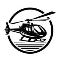 Bold black and white of a helicopter in a circular frame with horizontal stripes. vector