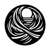 Abstract black and white circular artwork, features swirling lines surrounding a central sphere and horizontal bars. vector