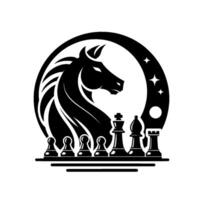 A stylized, monochromatic emblem featuring a chess set alongside a majestic knights head silhouette within a celestial sphere, symbolizing strategic mastery. vector