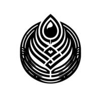 Intricate Black and White Circular Emblem A stylized feather or leaf with a central teardrop shape and complex patterns. vector