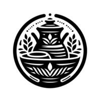 Stylized Black and White Illustration of a Teapot and Bowl within a Circular Frame, Featuring Floral and Leafy Embellishments. vector