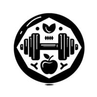 Minimalist Black and White Fitness with Dumbbell, Apple, and Foliage Emphasizing a Balanced Health and Exercise Regime. vector