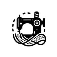 Silhouette of a sewing machine with fabric, thread, and dotted elements, evoking craftsmanship and creation, in a bold blackandwhite . vector