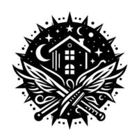 Intricate black and white emblem featuring a house under a starry crescent moon, with crossed swords and stylized feathers, all enclosed in a spiked circular border. vector