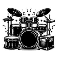 A detailed black and white illustration of a complete drum kit, accented with musical notes and stars for a rhythmic visual. vector