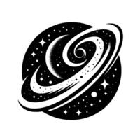 Stylized Black and White Universe Swirling Galaxy with Crescent Moon, Stars, and Elliptical Ring on a Textured Black Backdrop. vector