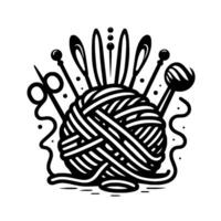 A stylized monochrome illustration of a ball of yarn encircled by knitting needles, crochet hooks, and scissors, evoking the craft of needlework. vector