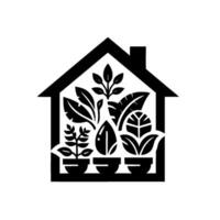 Monochrome Illustration of a GreenhouseShaped Silhouette Filled with Various Potted Plants and Foliage vector